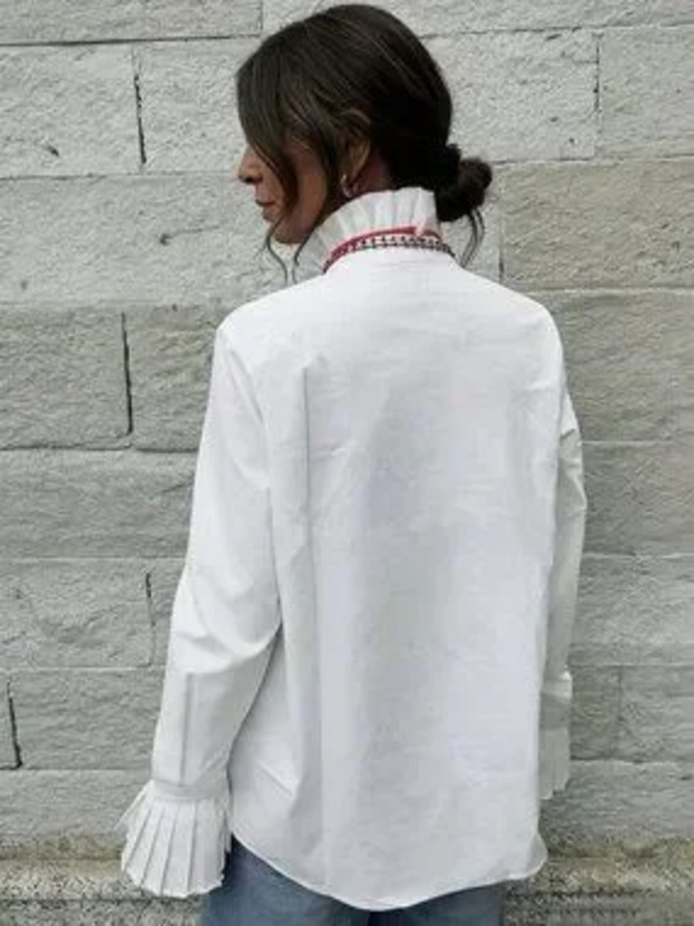 White Casual Women's Stand Collar Flared Ruffle Button Loose Pleated Shirt Top - Picture 5 of 6